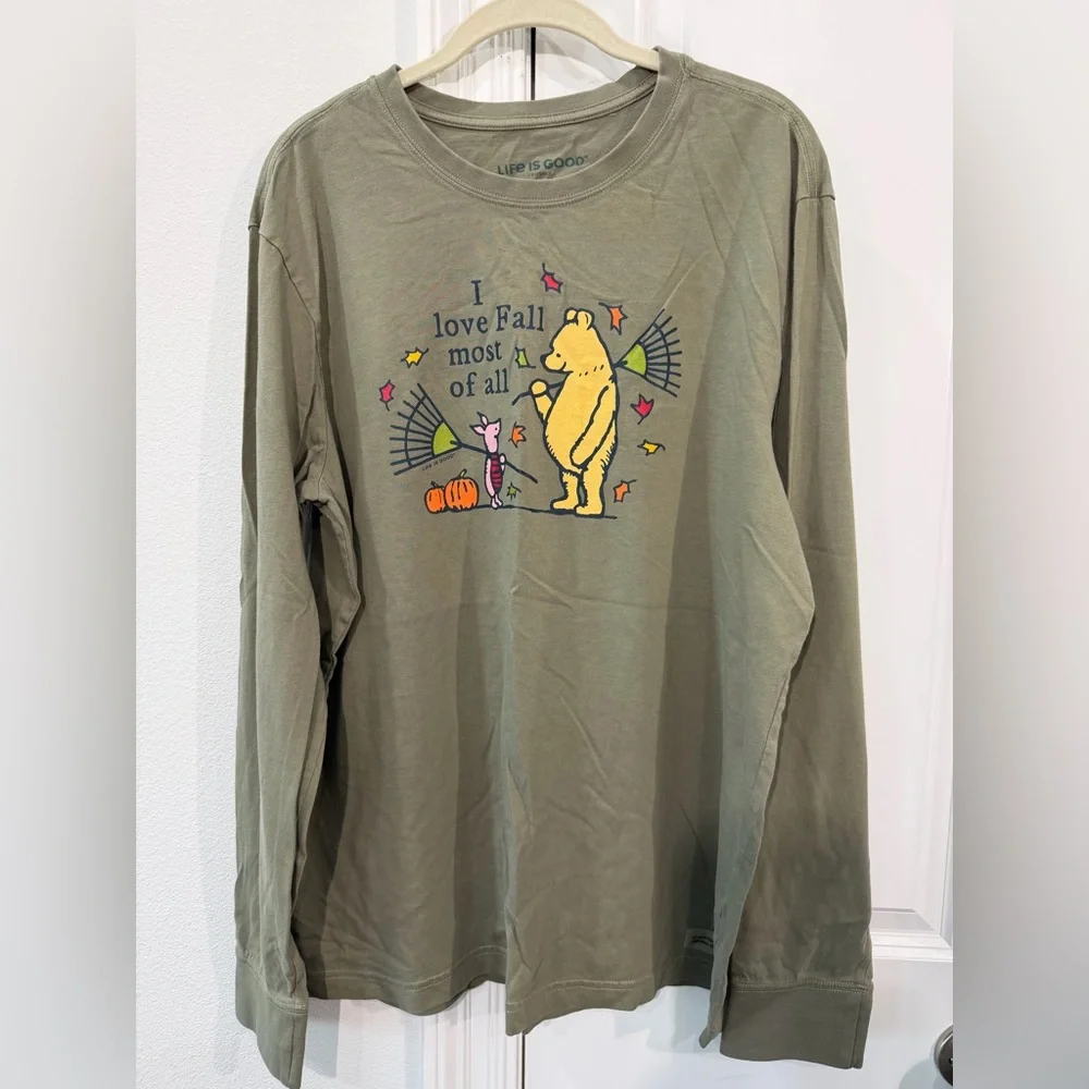 Life Is Good Olive Green Crewneck Tee with Teal Logo - Picture 1 of 3